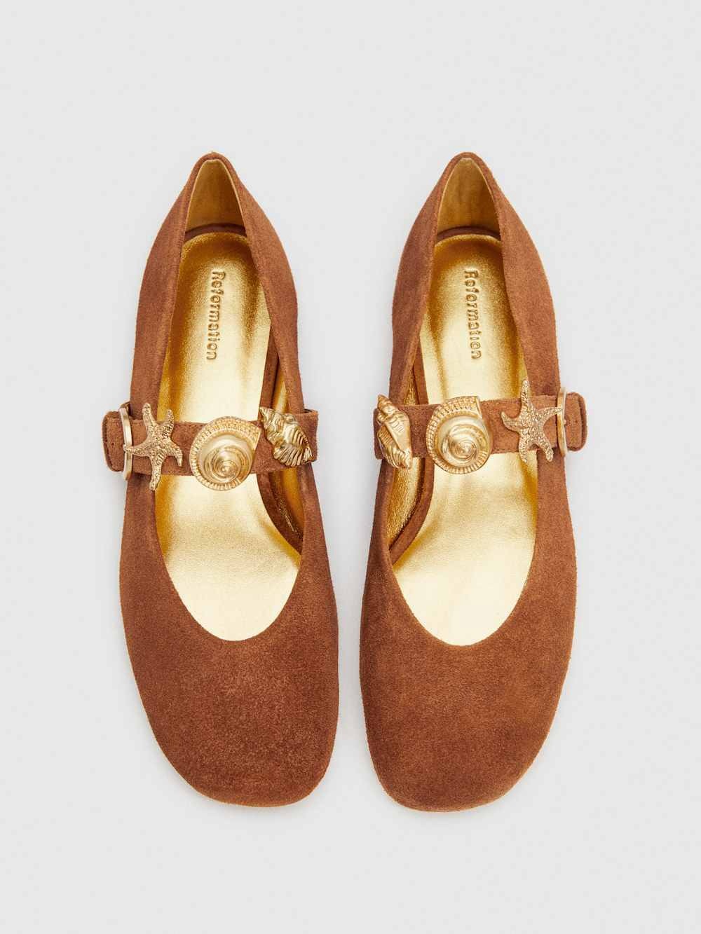 REFORMATION Bethany Ballet Flats in Rum Suede Shells 7